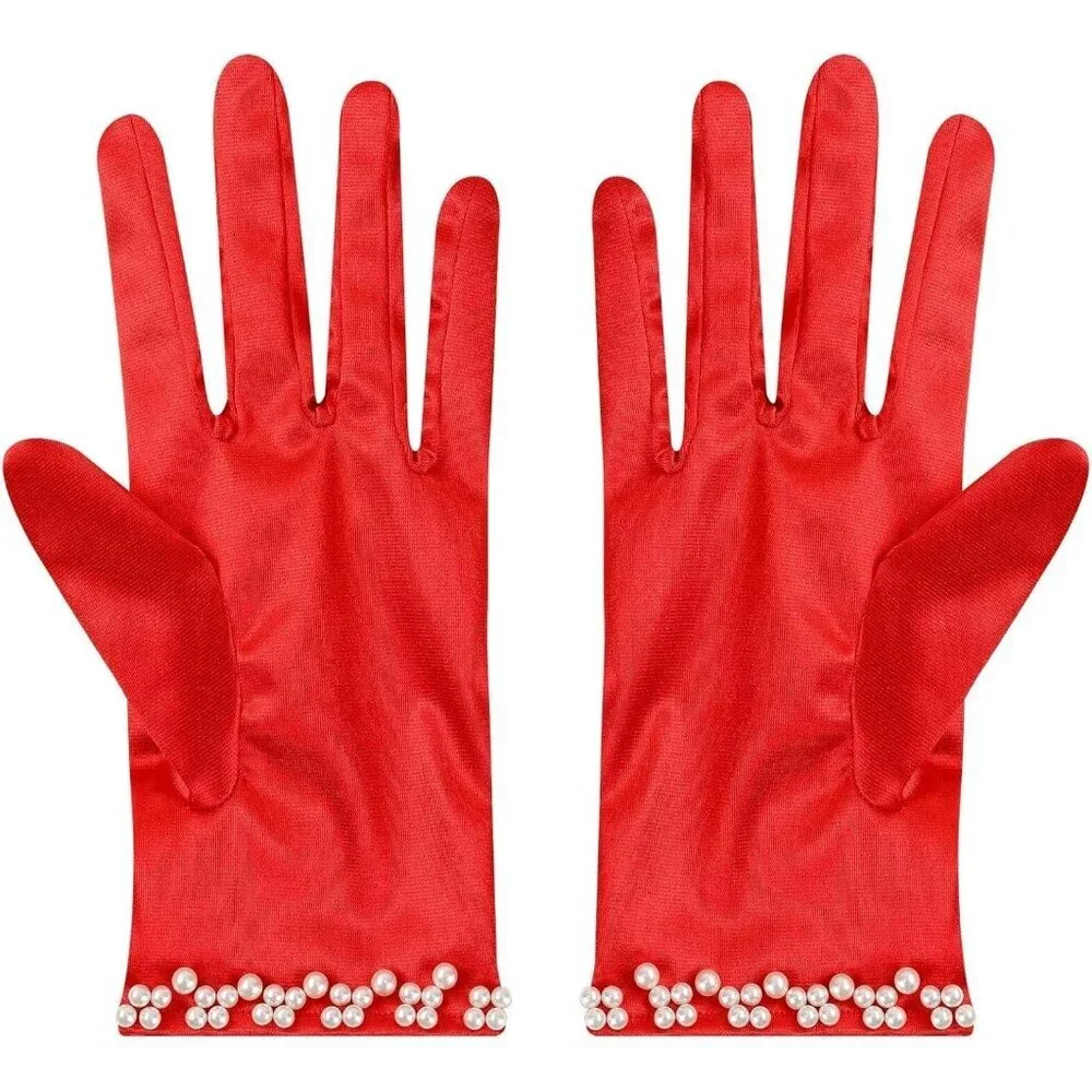 Women's Red Satin Pearl Short Length Wrist Gloves Wedding Banquet Party Prom